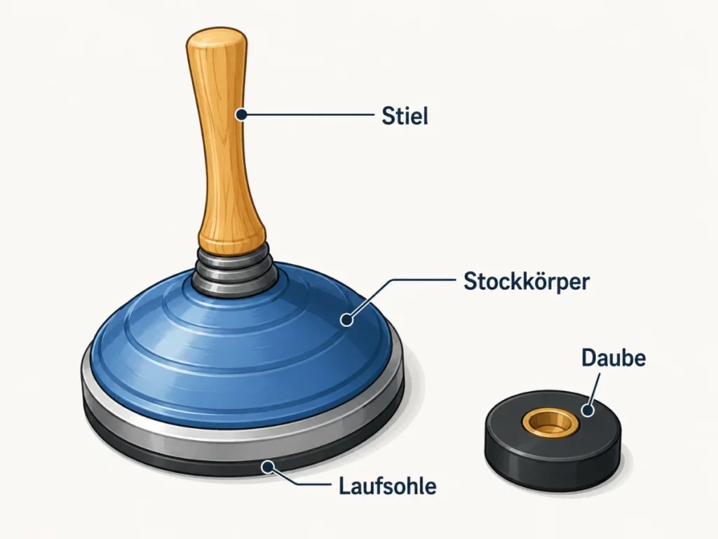 Stilisierte Grafik eines Eisstocks mit beschriftetem Stiel, Stockkörper und Laufsohle sowie einer Daube.