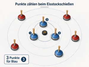 Infografik zur Punktewertung beim Eisstockschießen mit Daube, vier blauen und vier roten Stöcken. Drei blaue Stöcke sind als wertende Positionen nummeriert und mit „3 Punkte für Blau“ gekennzeichnet.