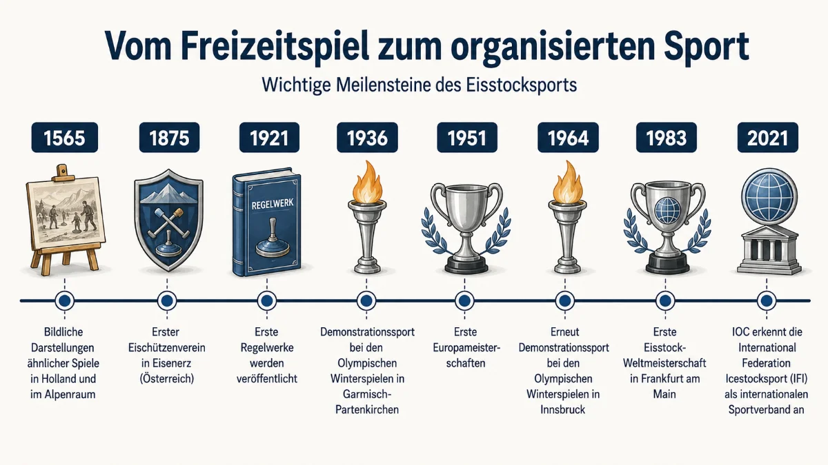 Horizontale Infografik zur Geschichte des Eisstockschießens mit den Meilensteinen 1565, 1875, 1921, 1936, 1951, 1964, 1983 und 2021 – von frühen Darstellungen bis zur Anerkennung der IFI durch das IOC.